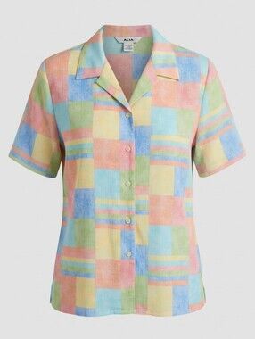 Alia Vintage Plus Size Pastel Patchwork Check Short Sleeve Button-Up Shirt 18W